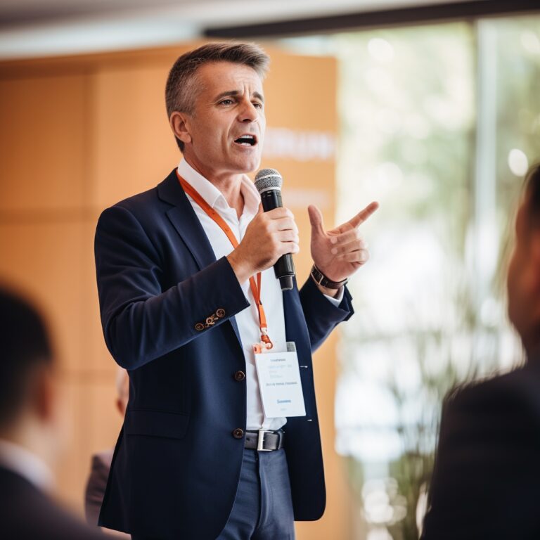 retrato de un elegante y profesional hombre de negocios hablando en una conferencia
